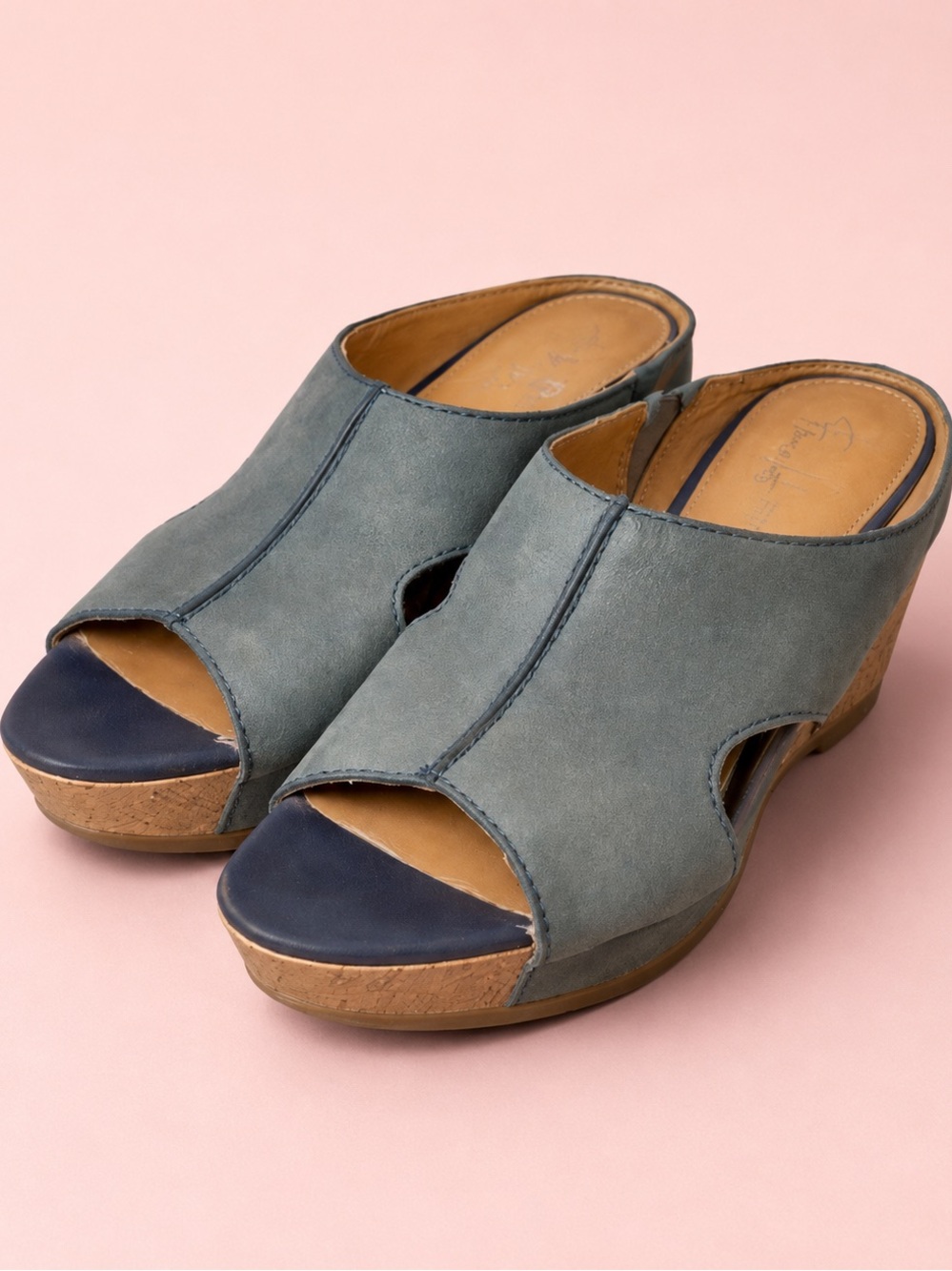 Franco Sarto Fiora Cork Wedge Sandals Blue Leather Platform Mules Size 8